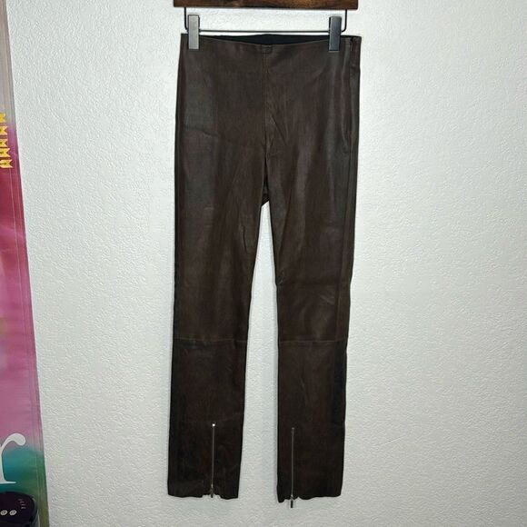 Susan Bender  Stretch Leather Zipper Pants in Chocolate Nubuck Leather Small - Picture 2 of 13